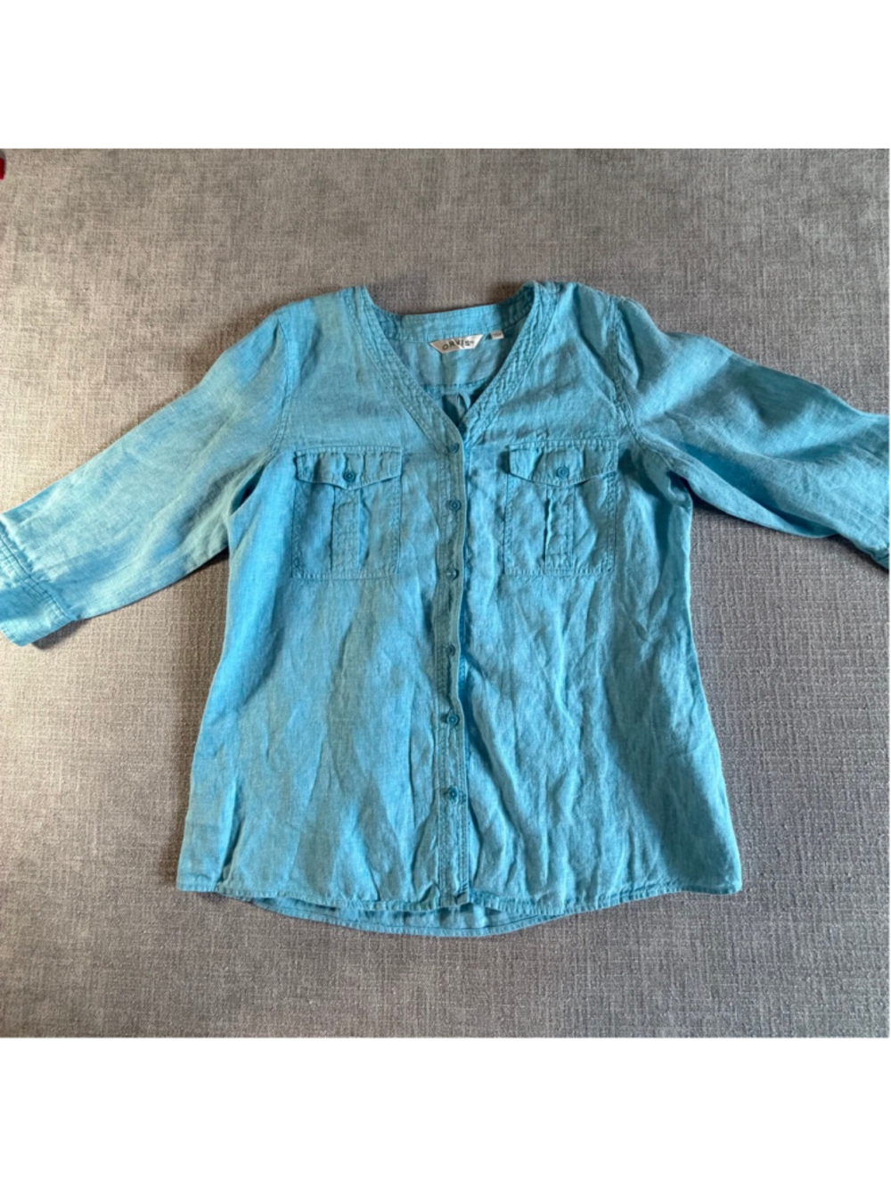 Orvis Button Front V Neck
Linen Top womens Size large Blue